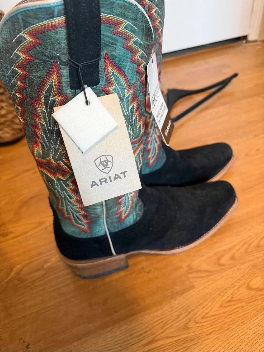 Ariat Black Suede Western Boots with Teal and Red Embroidery